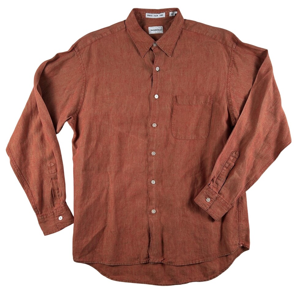 Saks Fifth Avenue Shirt Mens Medium Red Solid Linen Long Sleeve Button Up Casual